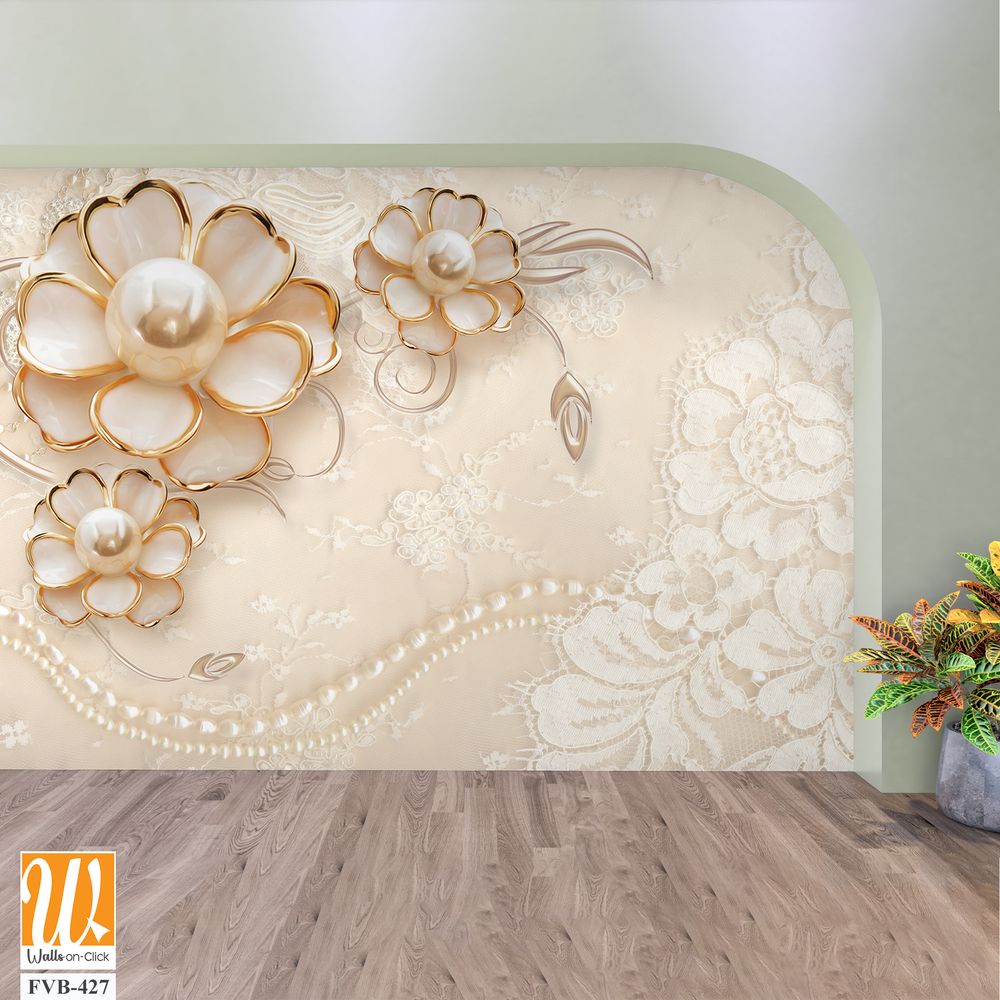 3D wallpaper of white pearls and gold flowers [WP-FVB-427]