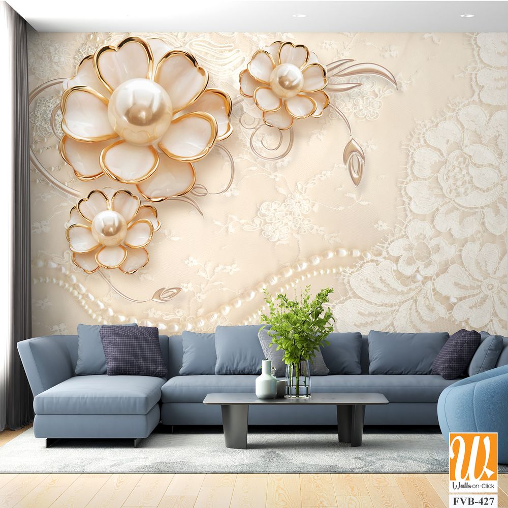 3D wallpaper of white pearls and gold flowers [WP-FVB-427]