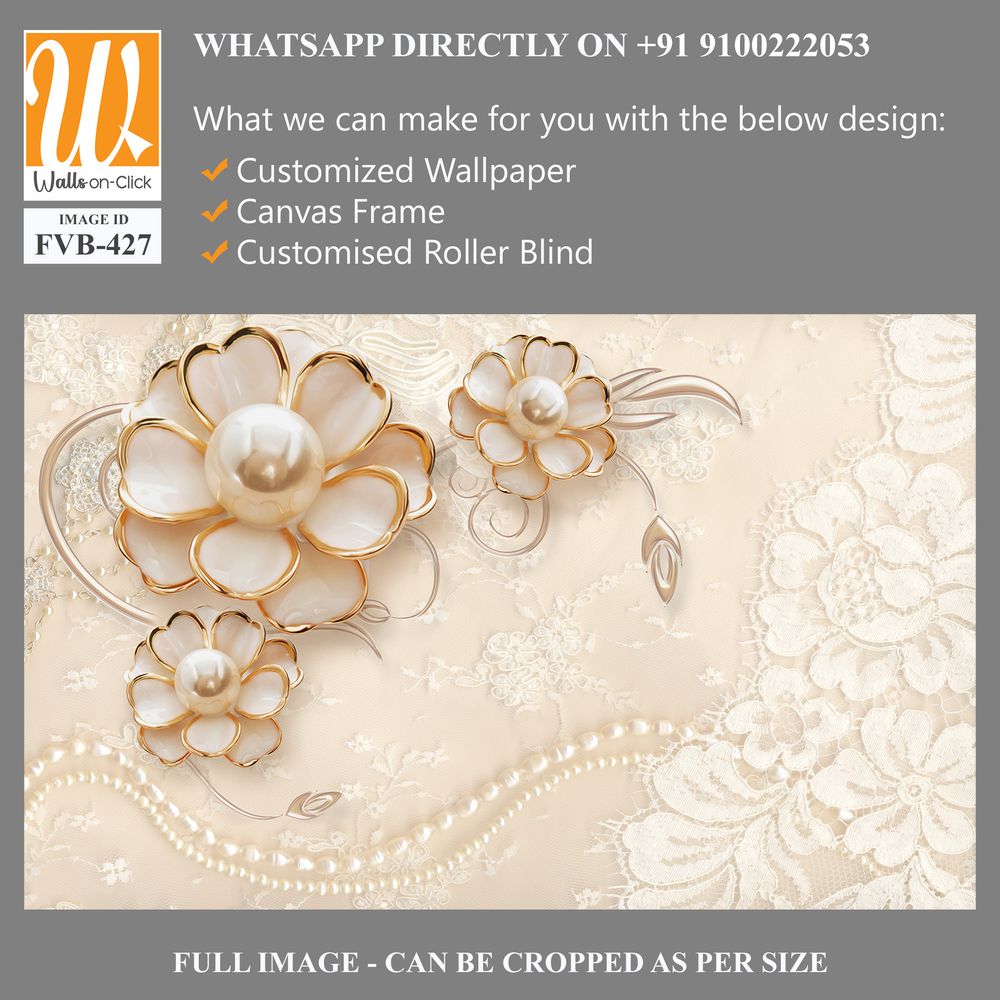 3D wallpaper of white pearls and gold flowers [WP-FVB-427]