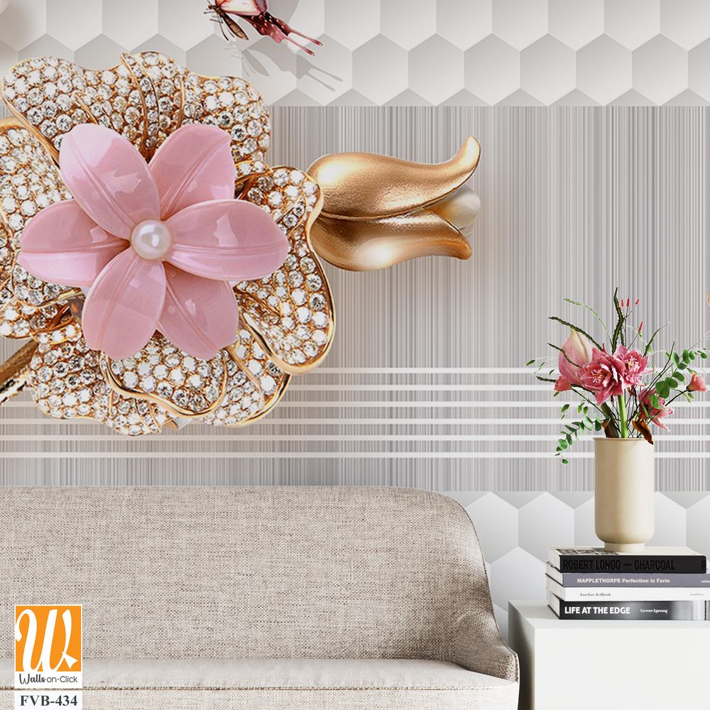 3D wallpaper with pink flowers and gold leaves [WP-FVB-434]