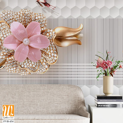 3D wallpaper with pink flowers and gold leaves [WP-FVB-434]
