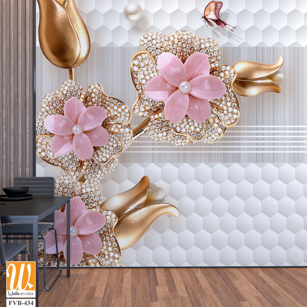 3D wallpaper with pink flowers and gold leaves [WP-FVB-434]