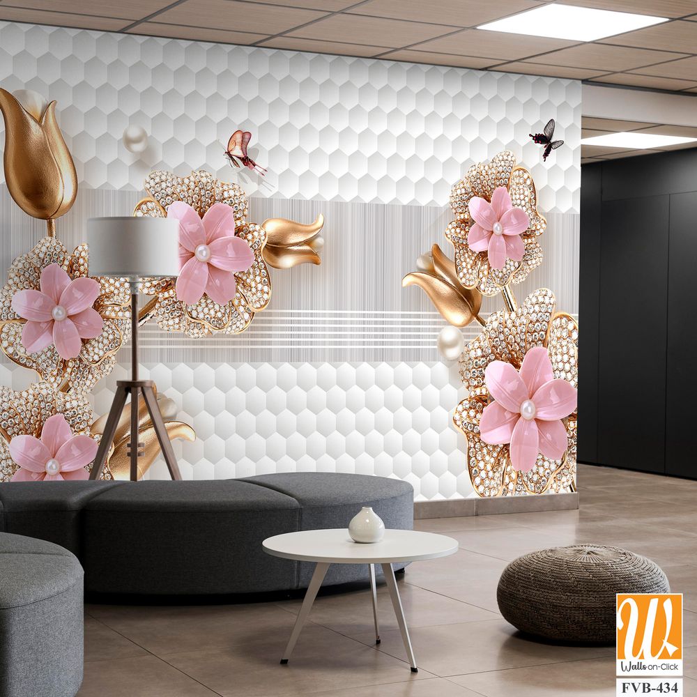 3D wallpaper with pink flowers and gold leaves [WP-FVB-434]