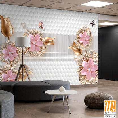 3D wallpaper with pink flowers and gold leaves [WP-FVB-434]