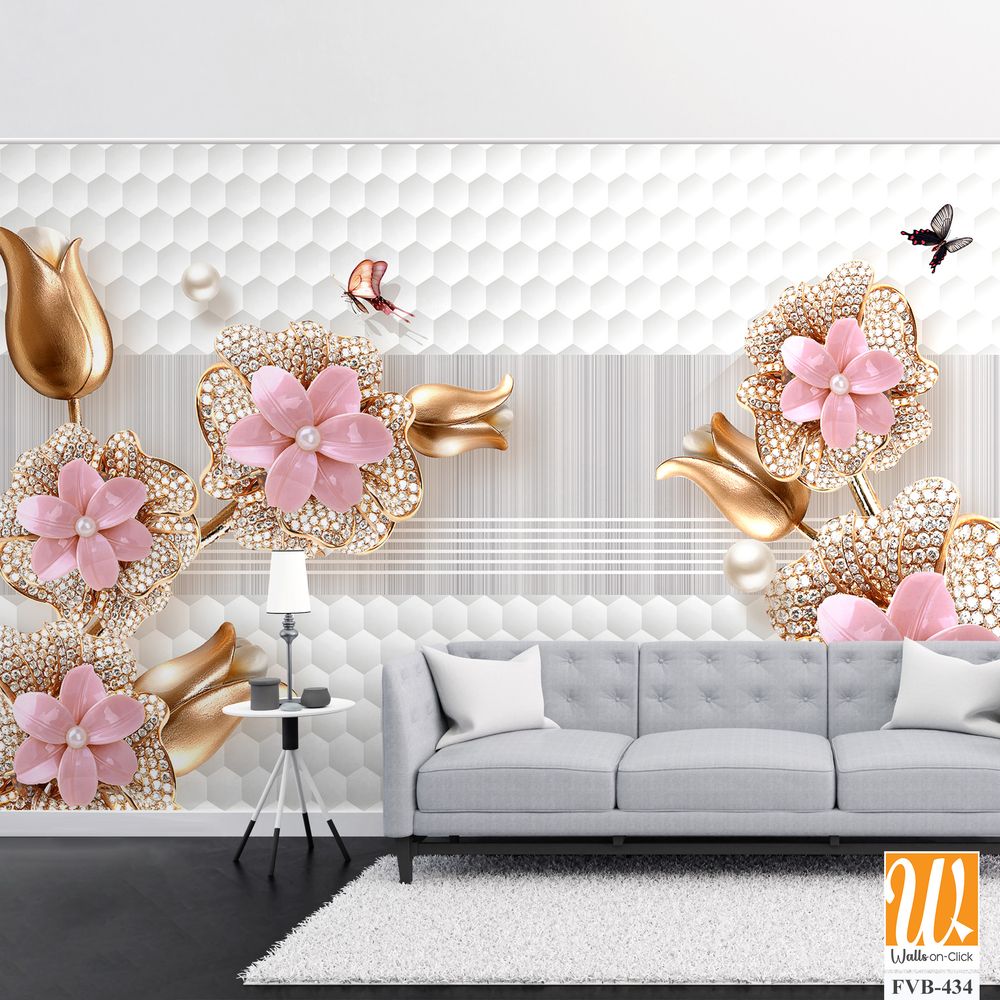 3D wallpaper with pink flowers and gold leaves [WP-FVB-434]