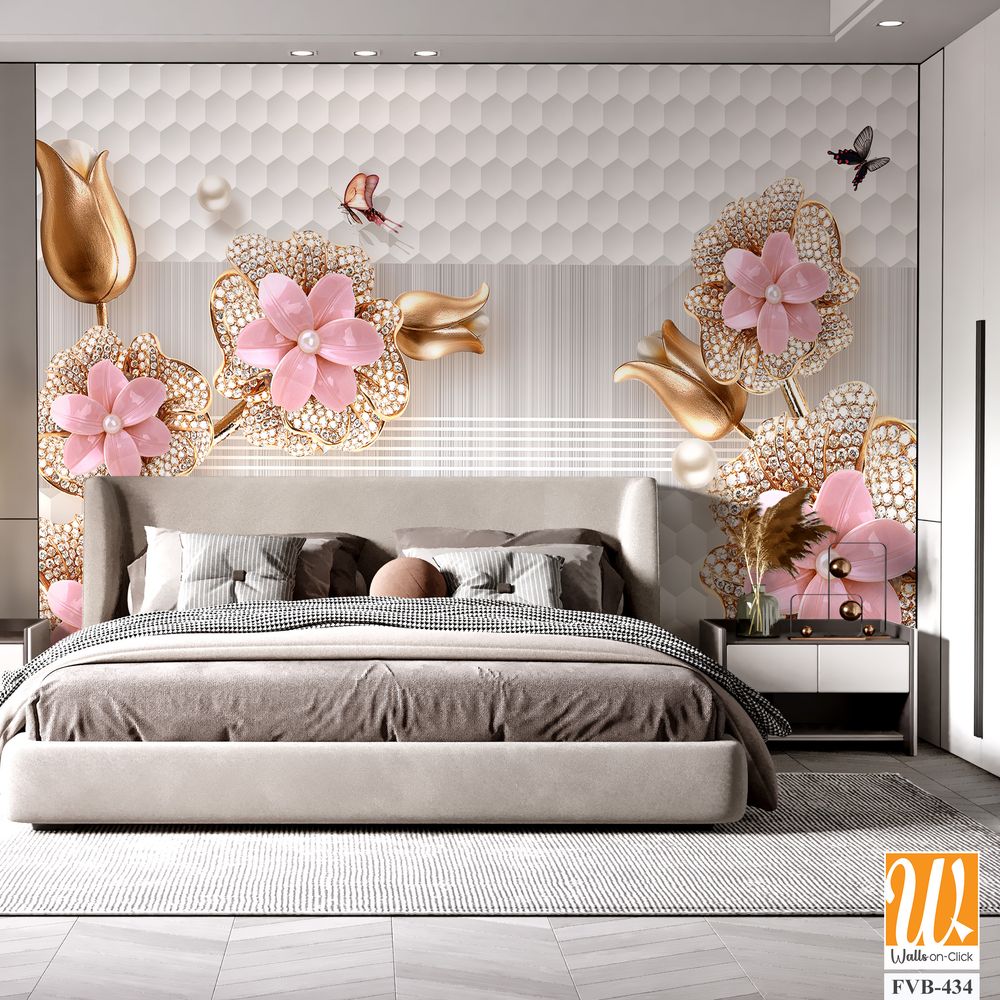 3D wallpaper with pink flowers and gold leaves [WP-FVB-434]