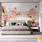 3D wallpaper with pink flowers and gold leaves [WP-FVB-434]