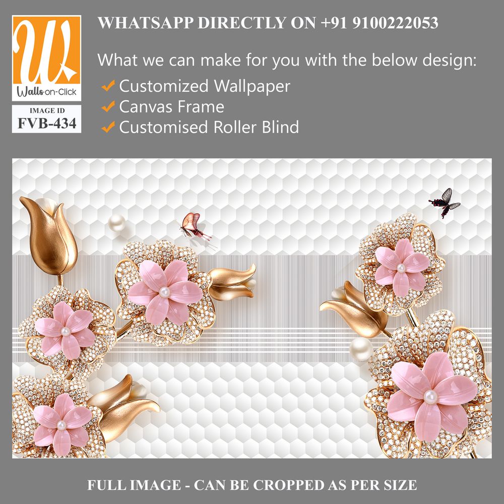 3D wallpaper with pink flowers and gold leaves [WP-FVB-434]
