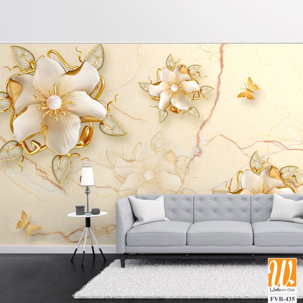 3D wallpaper with golden flowers and butterflies [WP-FVB-435]