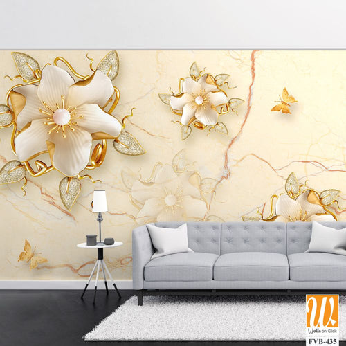 3D wallpaper with golden flowers and butterflies [WP-FVB-435]