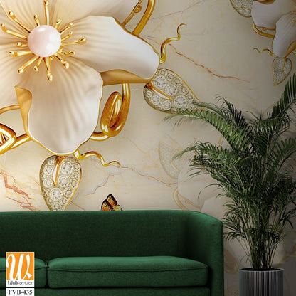 3D wallpaper with golden flowers and butterflies [WP-FVB-435]