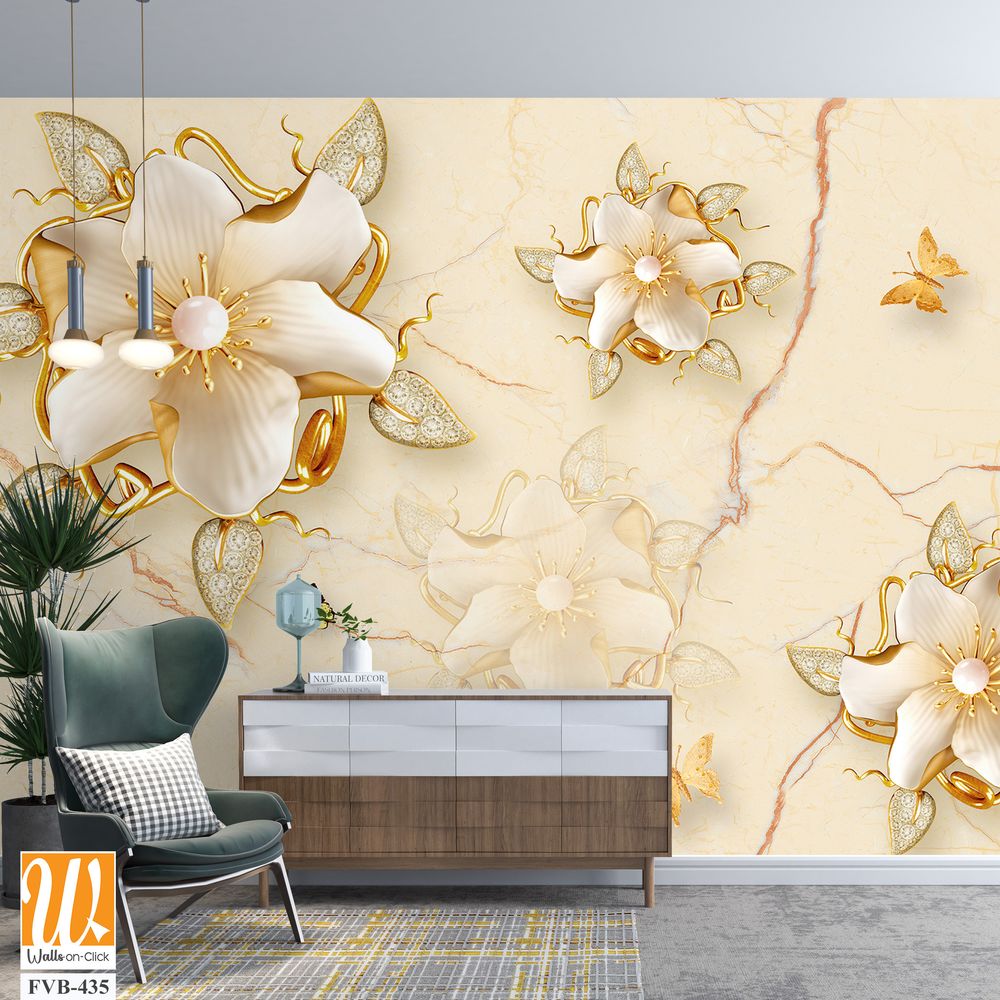 3D wallpaper with golden flowers and butterflies [WP-FVB-435]