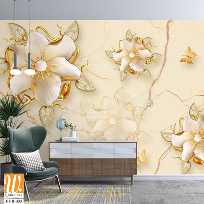 3D wallpaper with golden flowers and butterflies [WP-FVB-435]