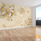 3D wallpaper with golden flowers and butterflies [WP-FVB-435]