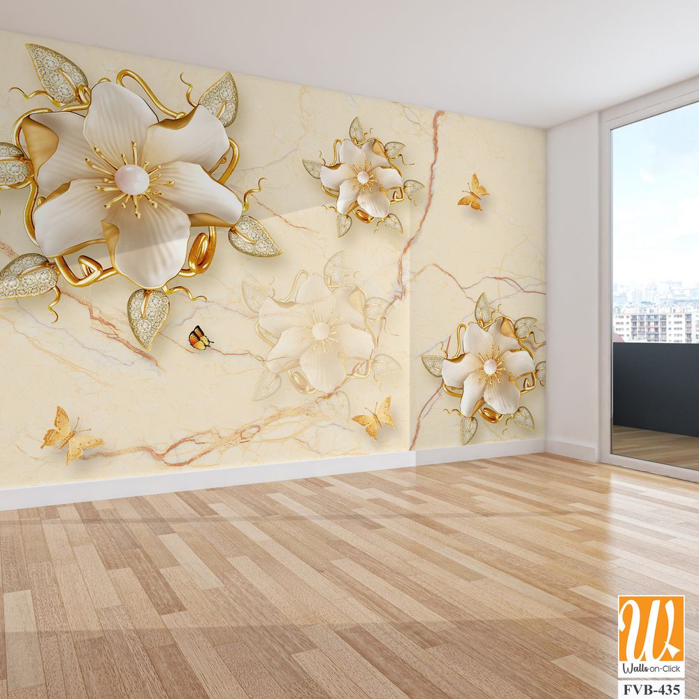 3D wallpaper with golden flowers and butterflies [WP-FVB-435]