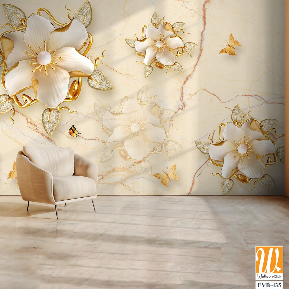 3D wallpaper with golden flowers and butterflies [WP-FVB-435]