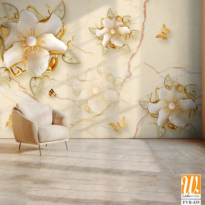 3D wallpaper with golden flowers and butterflies [WP-FVB-435]