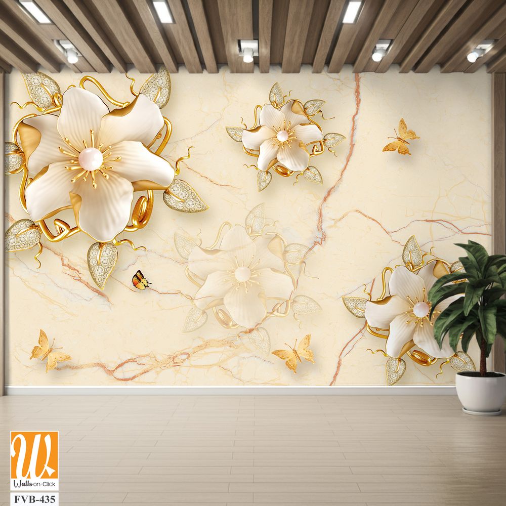 3D wallpaper with golden flowers and butterflies [WP-FVB-435]