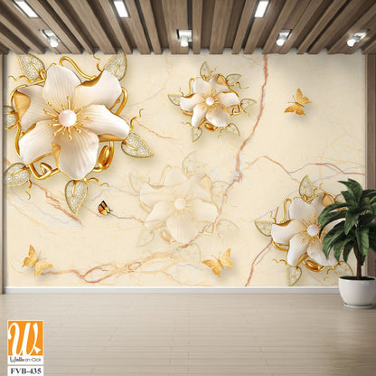 3D wallpaper with golden flowers and butterflies [WP-FVB-435]