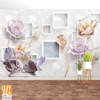 3D wallpaper with square frames and flying purple tulips [WP-FVB-436]