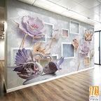 3D wallpaper with square frames and flying purple tulips [WP-FVB-436]