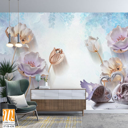 3D elegant flowers with swans Wallpaper [WP-FVB-438]