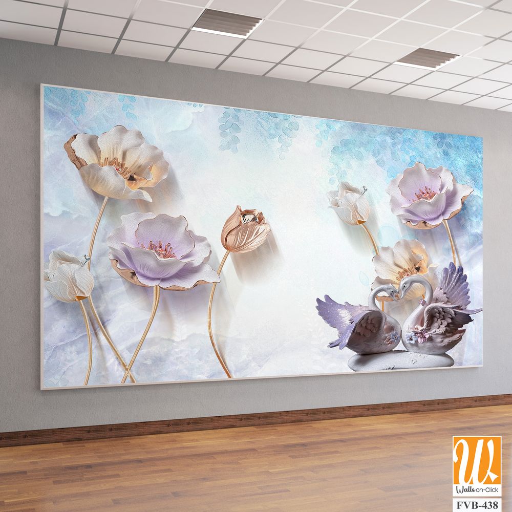 3D elegant flowers with swans Wallpaper [WP-FVB-438]