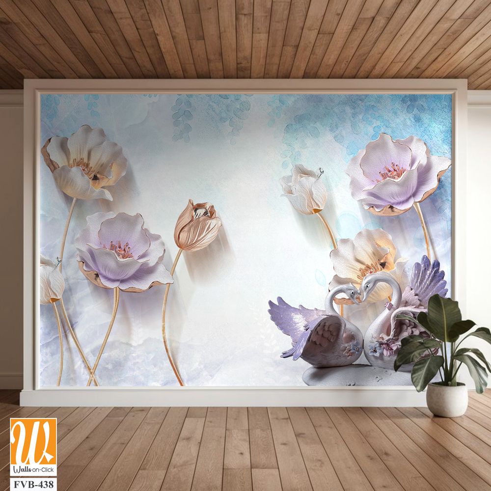 3D elegant flowers with swans Wallpaper [WP-FVB-438]