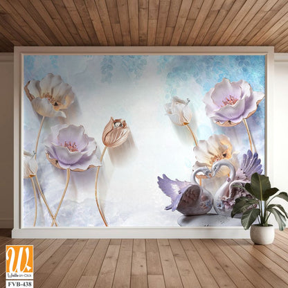 3D elegant flowers with swans Wallpaper [WP-FVB-438]