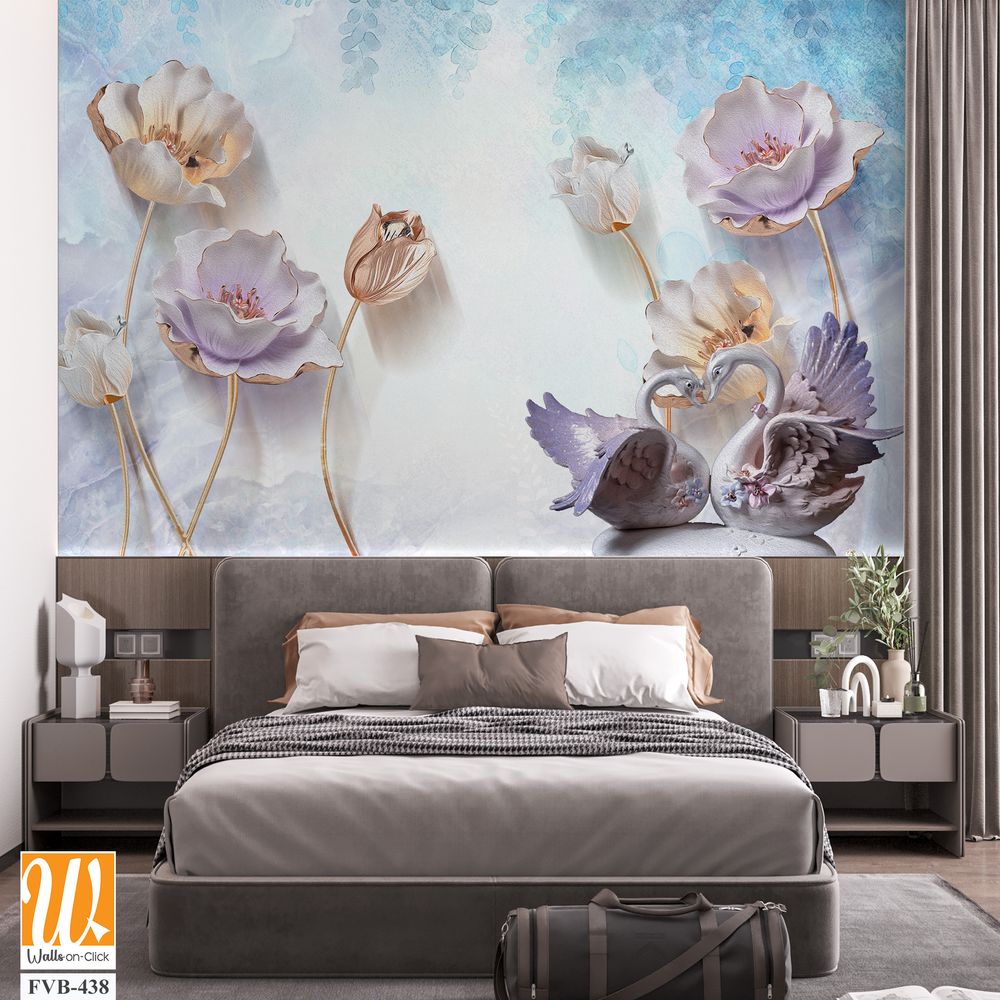 3D elegant flowers with swans Wallpaper [WP-FVB-438]