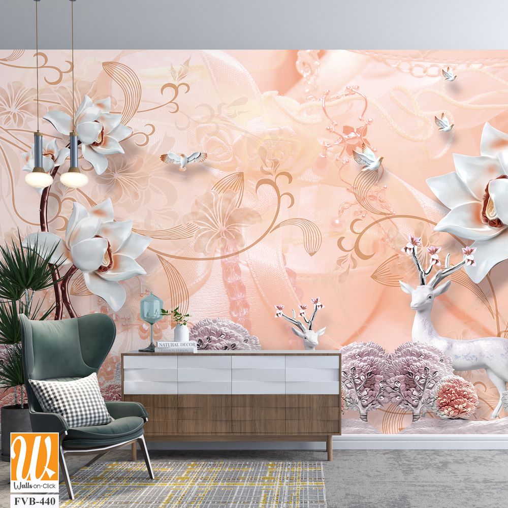 3D wallpaper featuring a white deer and flowers [WP-FVB-440]