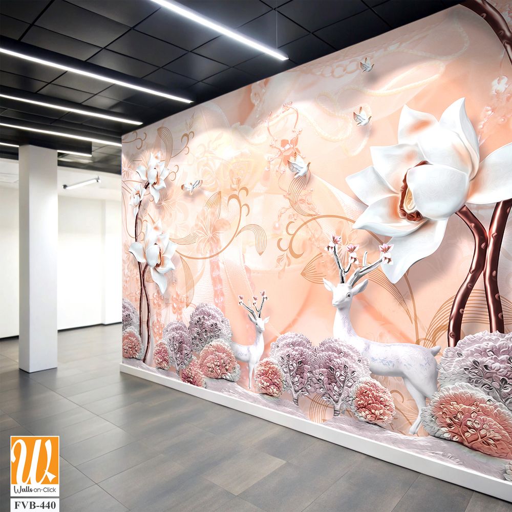 3D wallpaper featuring a white deer and flowers [WP-FVB-440]