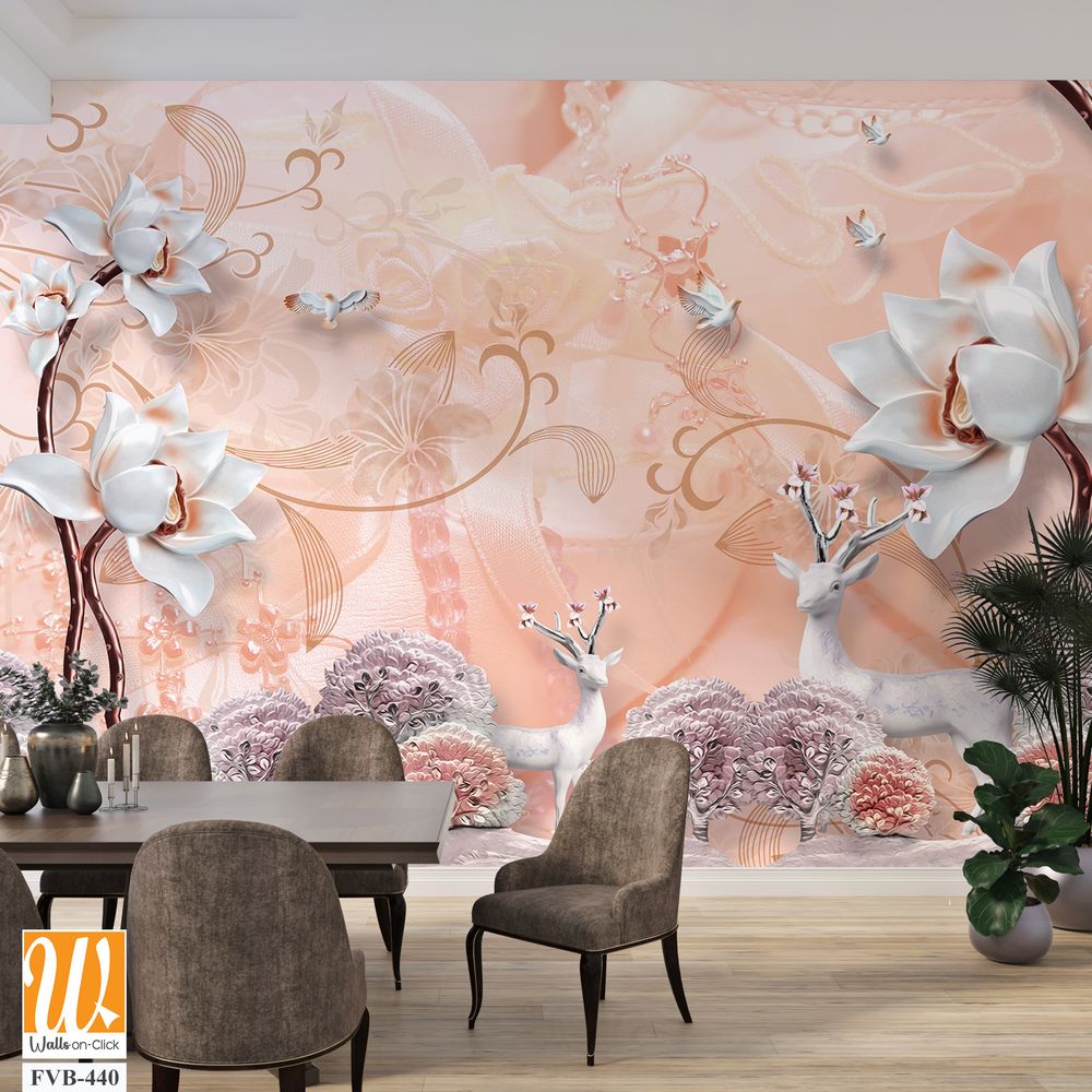 3D wallpaper featuring a white deer and flowers [WP-FVB-440]