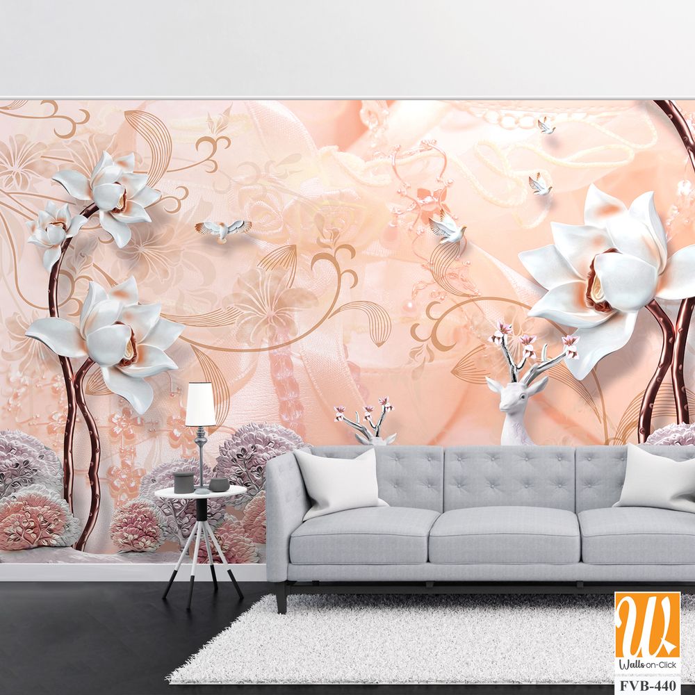 3D wallpaper featuring a white deer and flowers [WP-FVB-440]