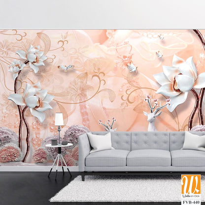 3D wallpaper featuring a white deer and flowers [WP-FVB-440]