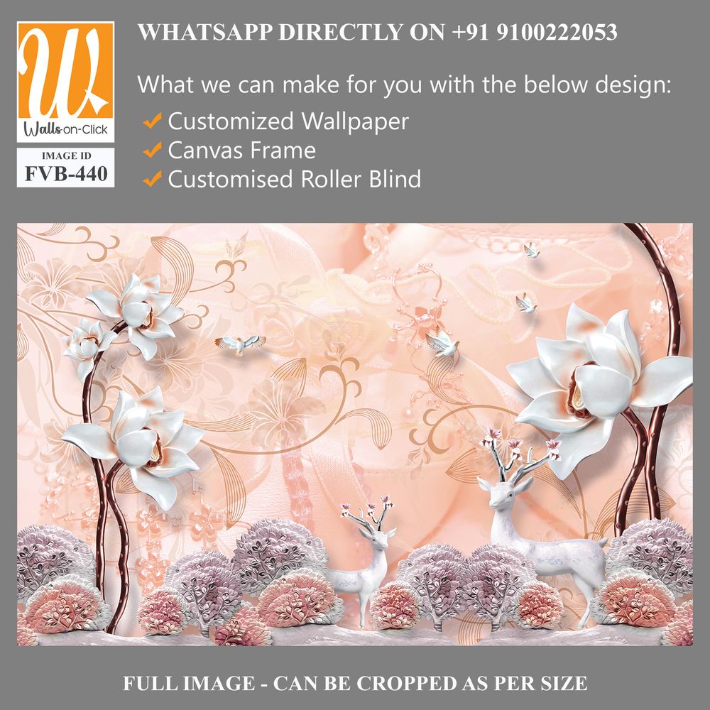 3D wallpaper featuring a white deer and flowers [WP-FVB-440]