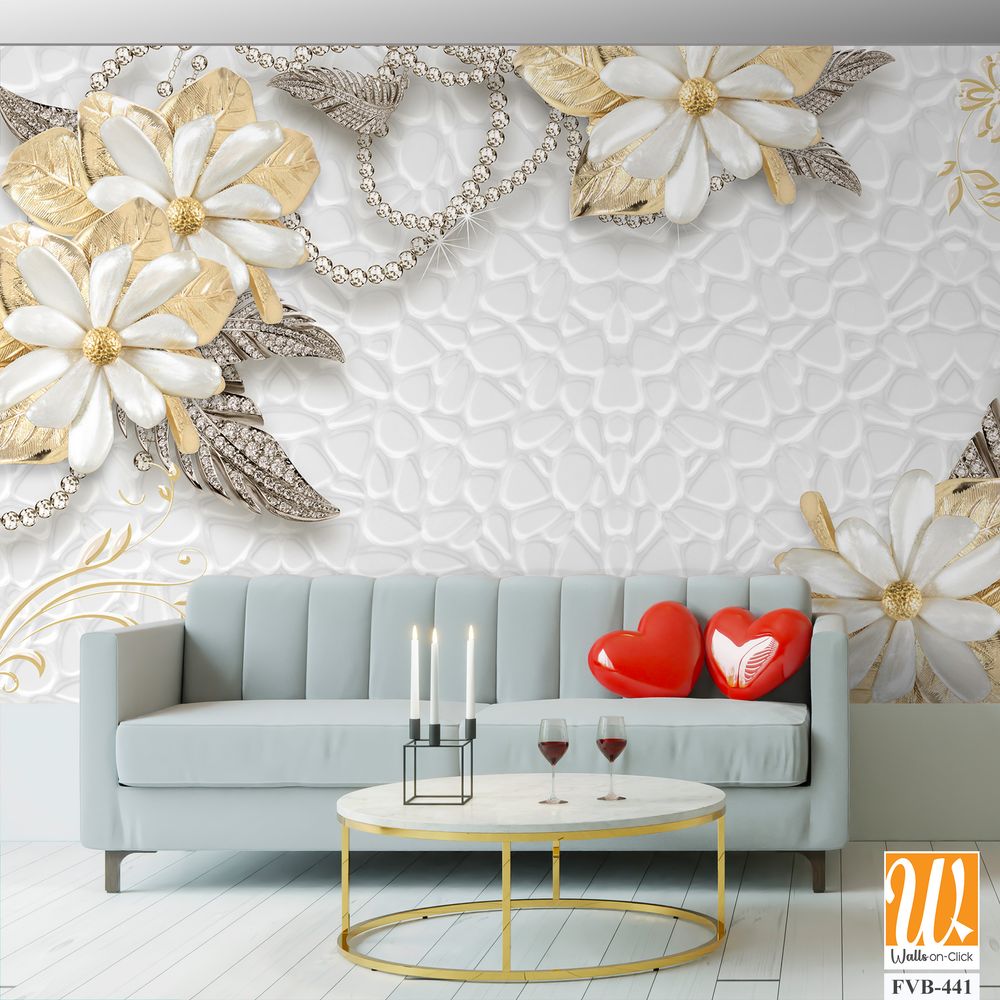 3D wallpaper of golden and silver flowers and gems [WP-FVB-441]