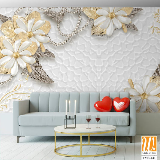 3D wallpaper of golden and silver flowers and gems [WP-FVB-441]