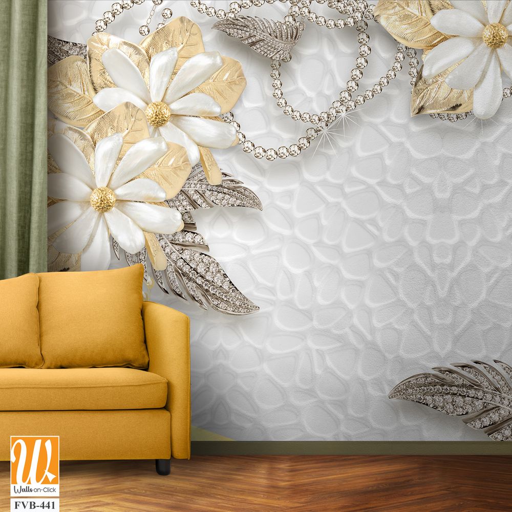 3D wallpaper of golden and silver flowers and gems [WP-FVB-441]