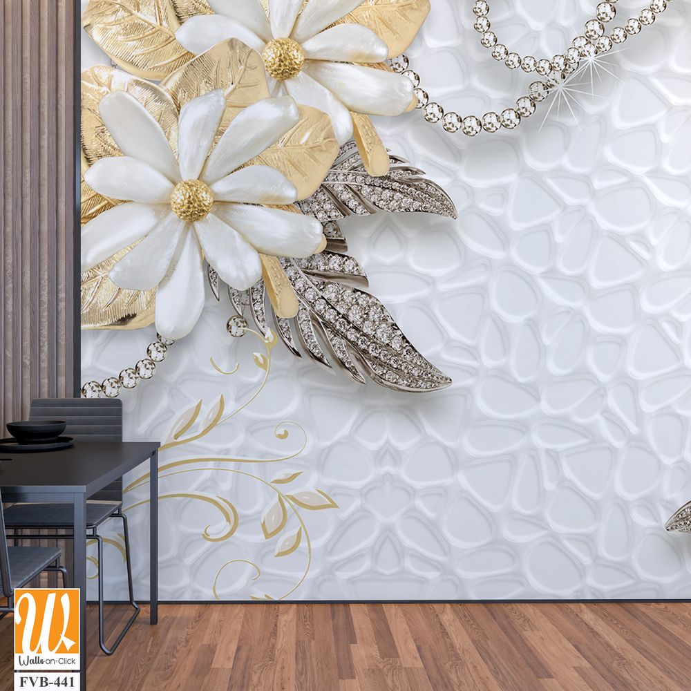 3D wallpaper of golden and silver flowers and gems [WP-FVB-441]