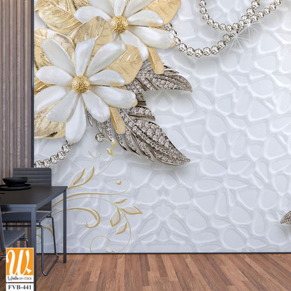 3D wallpaper of golden and silver flowers and gems [WP-FVB-441]