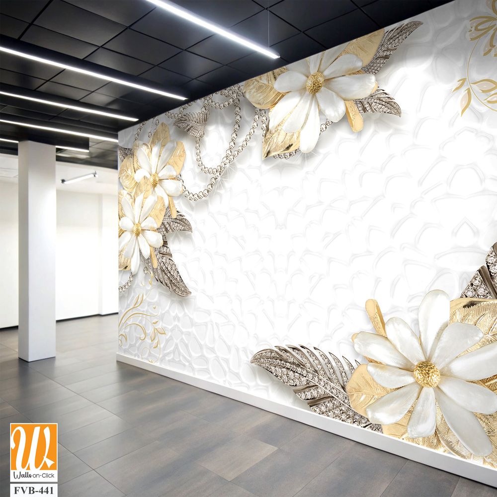 3D wallpaper of golden and silver flowers and gems [WP-FVB-441]