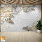3D wallpaper of golden and silver flowers and gems [WP-FVB-441]