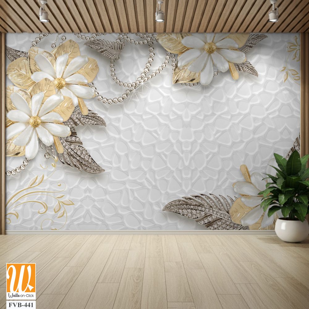 3D wallpaper of golden and silver flowers and gems [WP-FVB-441]