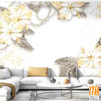 3D wallpaper of golden and silver flowers and gems [WP-FVB-441]