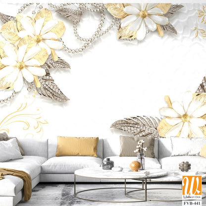 3D wallpaper of golden and silver flowers and gems [WP-FVB-441]