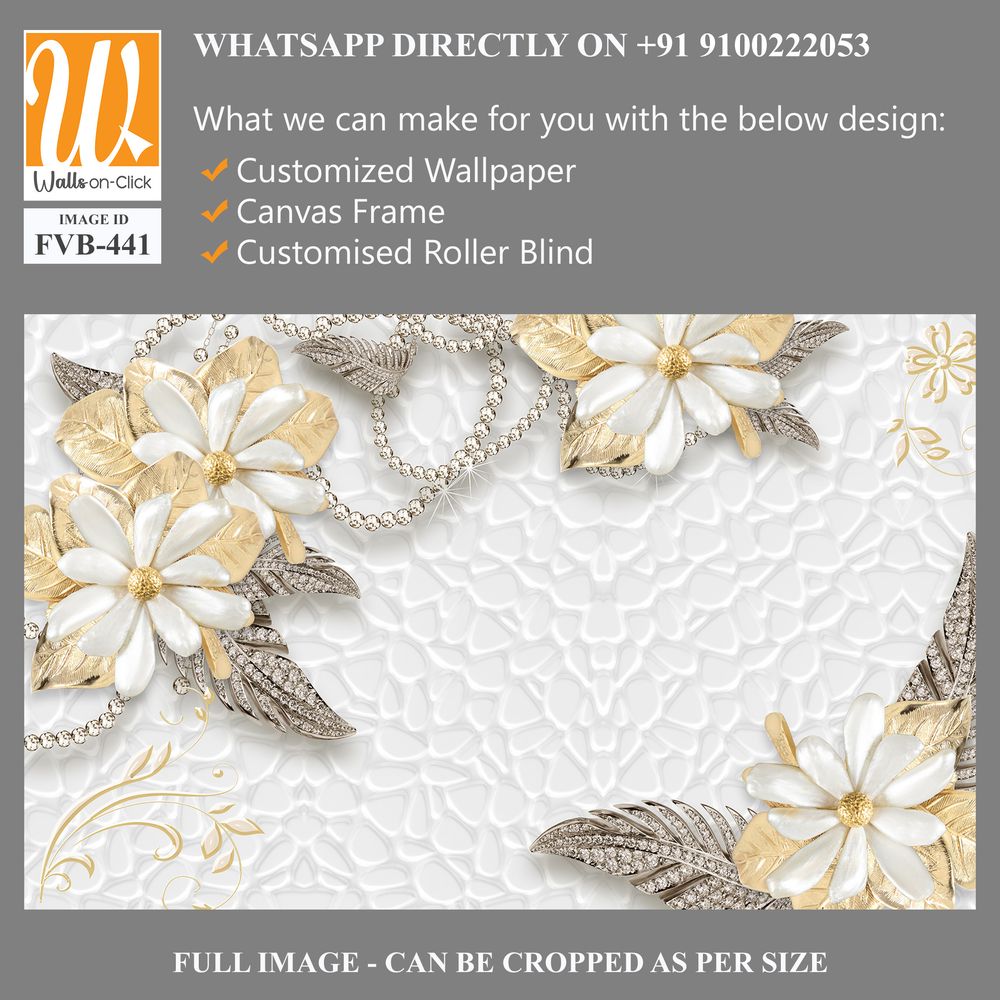 3D wallpaper of golden and silver flowers and gems [WP-FVB-441]