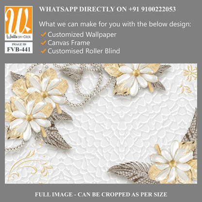 3D wallpaper of golden and silver flowers and gems [WP-FVB-441]