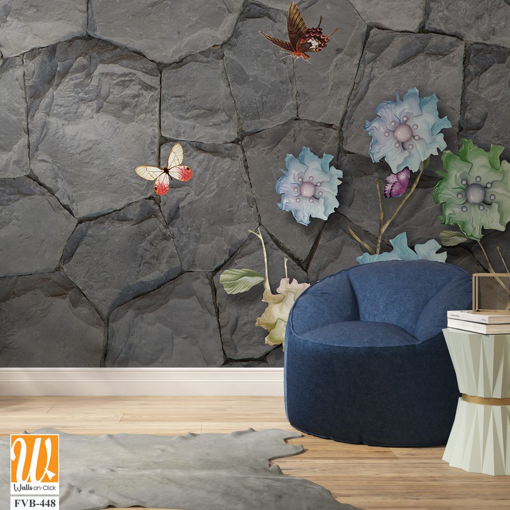 3D mural on a gray stone wall with colorful flowers Wallpaper [WP-FVB-448]