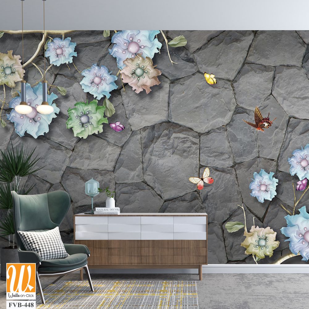 3D mural on a gray stone wall with colorful flowers Wallpaper [WP-FVB-448]